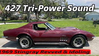 1969 Corvette Stingray 427 cubic inch Tri Power revved and idling￼ [upl. by Ahsuatan]