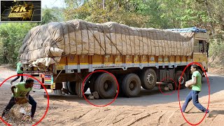 Heavy Loaded Truck Tires Slips While Driving in Ghat Road  Truck Drivers Rescue  Lorry Videos [upl. by Salim]