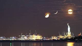 Three Moons and a Statue  A MoonStack Timelapse of the crescent moon half full and full moon [upl. by Yssirhc]