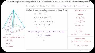 Find the Volume of a pyramid if slant height and Surface area is given [upl. by Dareg]