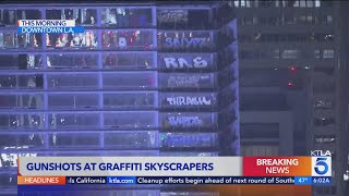 Gunfire erupts at vandalized skyscraper in downtown Los Angeles [upl. by Ahsenre717]