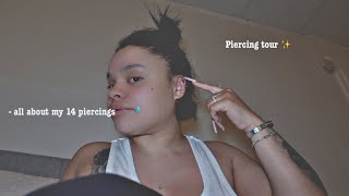 PIERCING TOUR ✰ ᥫ᭡ all about my 14 piercings  pain levels healing process amp pricing  Kayy Lovee [upl. by Adirehs]