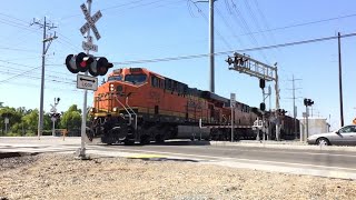 BNSF 5754 Manifest Southbound and Sacramento Light Rail Meadowview Road Crossing Sacramento CA [upl. by Aihsekram]