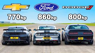 Ford Mustang v Chevy Camaro v Dodge Hellcat Redeye DRAG RACE [upl. by Milla186]