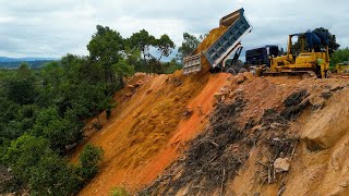 Best Techniques Height Land Filling By Bulldozer Pushing Stone amp Trucks Unloading On The Mountain [upl. by Bush]