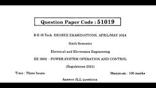 EE3602 Power System Operation And Control AprMay 2024 [upl. by Assena]