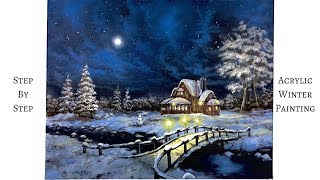 Snowy Winter Night STEP by STEP Acrylic Painting ColorByFeliks [upl. by Esaj]