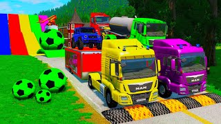 Double Flatbed Trailer Truck vs Speedbumps Train vs Cars  Tractor vs Train BeamngDrive 003 [upl. by Joletta]