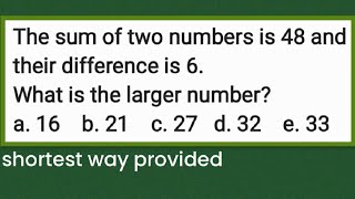 The sum of two numbers is 48 and their difference is 6 What is the larger number [upl. by Trellas]