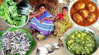 farm fresh vegetable recipe with small fish and egg masala curry cooking by indian tribal women [upl. by Oivat]