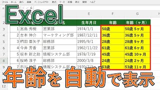 Excelで年齢計算自動をする方法【DATEDIF・TODAY関数で〇歳〇ヶ月を表示】 [upl. by Veron851]