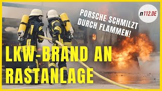 Großeinsatz LKWBrand auf Rastanlage Porsche schmilzt durch Hitze [upl. by Attenra]