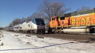 Amtrak with Heritage Unit Meets BNSF Coal Train [upl. by Adok]