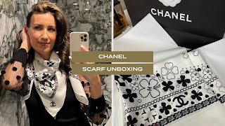 CHANEL FOUR LEAF CLOVER HEART INTERLOCKING CC LOGO SCARF SHAWL CHANEL ELEGANT SCARF UNBOXING [upl. by Nemaj]