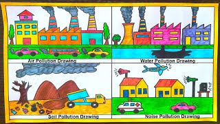 pollution drawing air  water  noise  land pollution  easy steps  science drawing academy [upl. by Abisha]