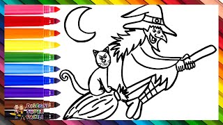 Come Disegnare una Strega 🧙‍♀️🧹 Disegnare e Colorare una Strega con il Suo Gatto 🐈‍⬛🪄🌈 [upl. by Aissilem]