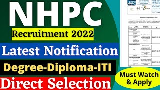 NHPC Recruitment 2022  Degree Diploma ITI  No Exam  NHPC Recruitment Notification 2022  NHPC Job [upl. by Enybor]