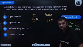 A lens behaves as a converging lens in air and a diverging lens in water The refractive index o [upl. by Nibas]