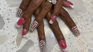 Acrylic nails pink amp white refills with diamonds design [upl. by Rasla545]