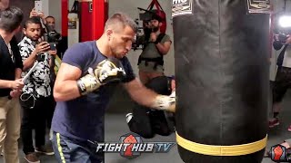 VASYL LOMACHENKO THROWING BEAUTIFUL HOOKS ON HEAVY BAG AS HE TRAINS FOR JORGE LINARES [upl. by Joerg]