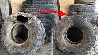 Amazing process of sidewall tyre repairing  Pakistani tyre repair  Tyre repairing amp recycling [upl. by Nniw]