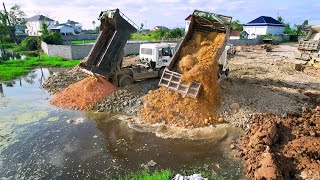 Launches New project by Dozer KOMATSU D21A Push the soil stone delete pond With rubbish in pond [upl. by Ennaj635]