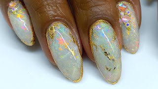 White Opal Gel Nail Tutorial  Made with REAL Opal  Gemstone Nail Art  Gold Leaf Nails [upl. by Aimak]