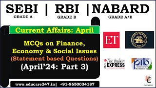 April 2024 Current Affairs Finance Economy amp Social Issues Part 3  RBI Grade B  SEBI Grade A [upl. by Pendergast263]