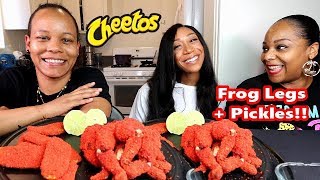 HOT CHEETO FROG LEGS  FLAMING HOT CHEETO FRIED PICKLES MUKBANG [upl. by Todhunter]