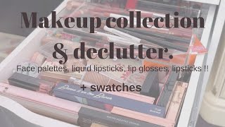 Makeup collection amp declutter  part 3 face palettes and 200 lip products AND swatches [upl. by Swor]