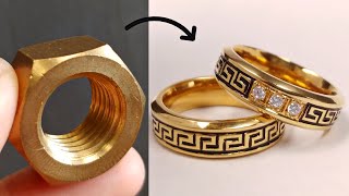 i turn hex nut into couple rings  learn to make jewelry [upl. by Norrv]