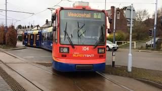 Sheffield Supertram 104 departs a rainy Middlewood with a Yellow Route Service for Meadowhall [upl. by Hairakcaz]