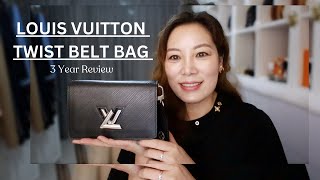 LOUIS VUITTON TWIST BELT BAG  3 Year Review  What Fits  Watch Before You Buy [upl. by Acsehcnarf737]