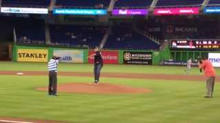 Bill Goldberg Spear First Pitch Marlins Tom Koehler at Marlins Park Aug 2013 [upl. by Arraek]