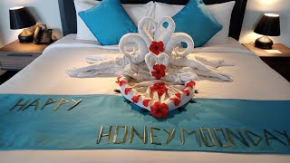 How to make Honeymoon Decoration on Bed with Toweltowel artfolding towelbeautiful decoration [upl. by Castro593]