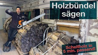 Brennholz Holzbündel sägen Meterholz wird in wenigen Minuten passend für den Holzvergaser [upl. by Keefe144]