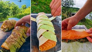 Delicious SALMON pastries in nature Relaxing outdoor cooking ASMR SALMON cooking [upl. by Acissj337]