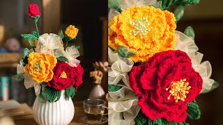 Booming Peony Flower Bouquet Free Crochet Pattern  Beginner Easy Tutorial 钩针《国风》系列 牡丹花摆件 编织视频教程 2 [upl. by Eno]