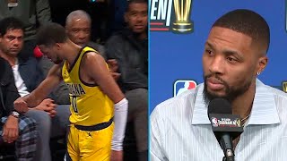 Damian Lillard responds to Halis Dame Time celly amp LOSS vs Pacers in Semis Postgame Interview 🎤 [upl. by Kilah]