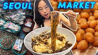 KOREAN BLACK BEAN NOODLES 🍜 Street Food Tour of Yeongcheon Market Seoul Day 3 [upl. by Atinar]