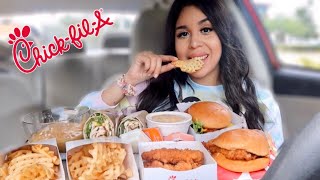 CHICKFILA MUKBANG Spicy Deluxe Chicken Sandwich Grilled Wrap Mac N Cheese Chicken Strips [upl. by Feliza]