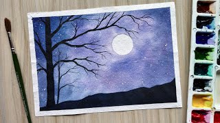 Full Moonlight Night Sky Beginners Watercolor Tutorial  Paint with David [upl. by Tor401]