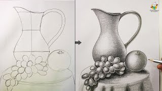 Still Life Drawing for Beginners Easy Step by Step with Pencil Shading  How To Draw a Jug Grapes [upl. by Koetke]