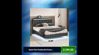 Queen Size Floating Bed Frame with LED Lights and USB ChargingModern Upholstered Platform LED Be [upl. by Vorfeld]