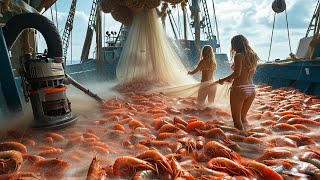 Catching red shrimp with giant trawl nets fishermen catch billions of shrimp on large modern boats [upl. by Fitz167]