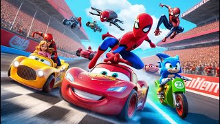 الأبطال الخارقين على دراجة نارية  Superheroes on a motorcycle ride on the Spider Mcqueen bridge [upl. by Einnos]