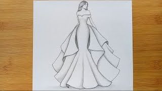 How to draw a girl with Beautiful Dress for Beginners  pencil sketch step by step [upl. by Nylrehs]