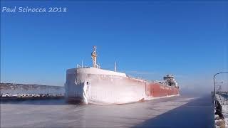 So Cold the Canal Froze  CSL Assiniboine arrives Duluth MN breaking ice [upl. by Newkirk]