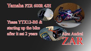 Installing a motorcycle battery  Yuasa YTX12 BS on a Yamaha FZR 600R 4JH and start up after 2 years [upl. by Aber582]