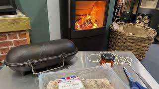 Cooking Belly Pork in  on a Wood Burning Stove  Hellfire Grill set Cast Iron Baked Potato Cooker [upl. by Hairom]